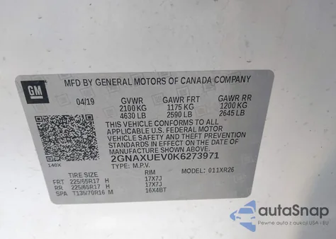 2019 Chevrolet Equinox Lt from USA, damaged, VIN 2GNAXUEV0K6273971